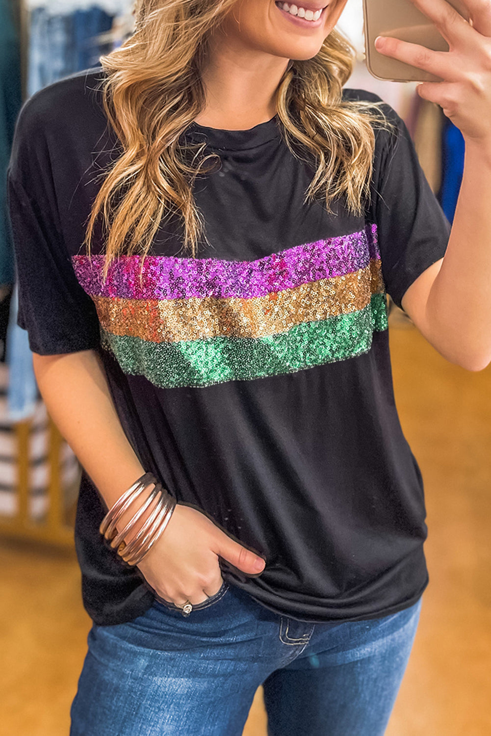Black Sequin Stripes Patchwork Mardi Gras Crew Neck T-Shirt Festive Party Wear