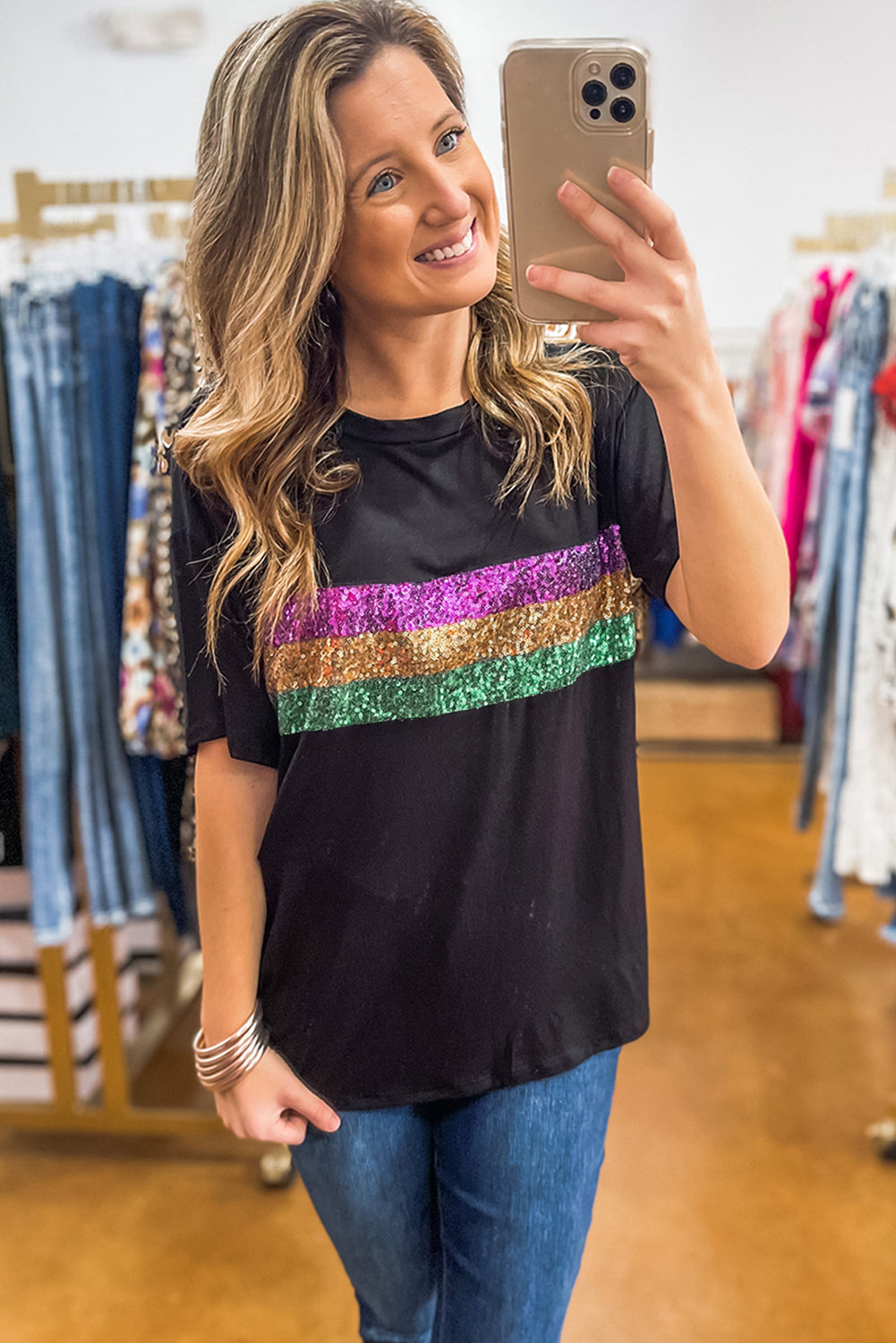 Black Sequin Stripes Patchwork Mardi Gras Crew Neck T-Shirt Festive Party Wear