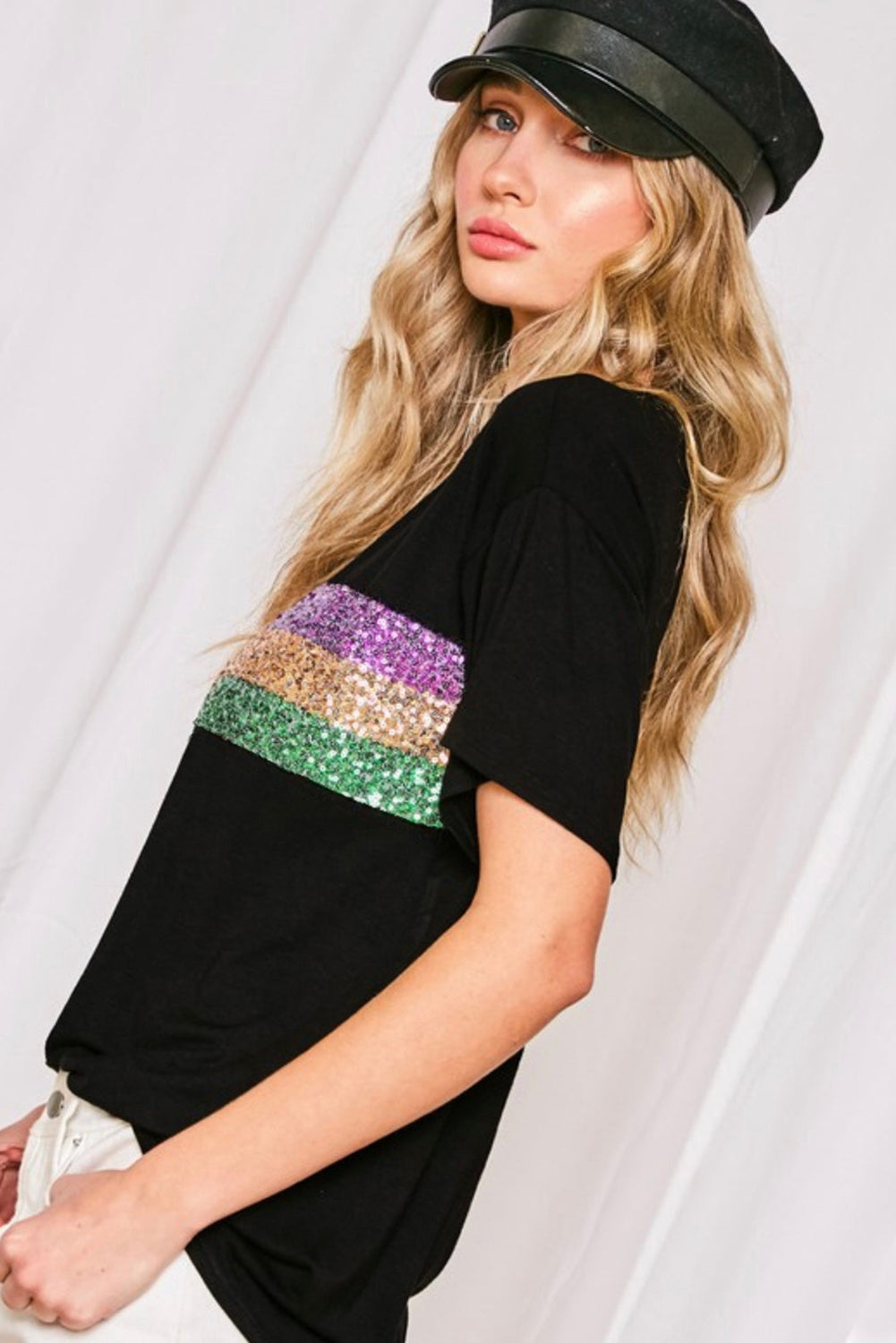 Black Sequin Stripes Patchwork Mardi Gras Crew Neck T-Shirt Festive Party Wear