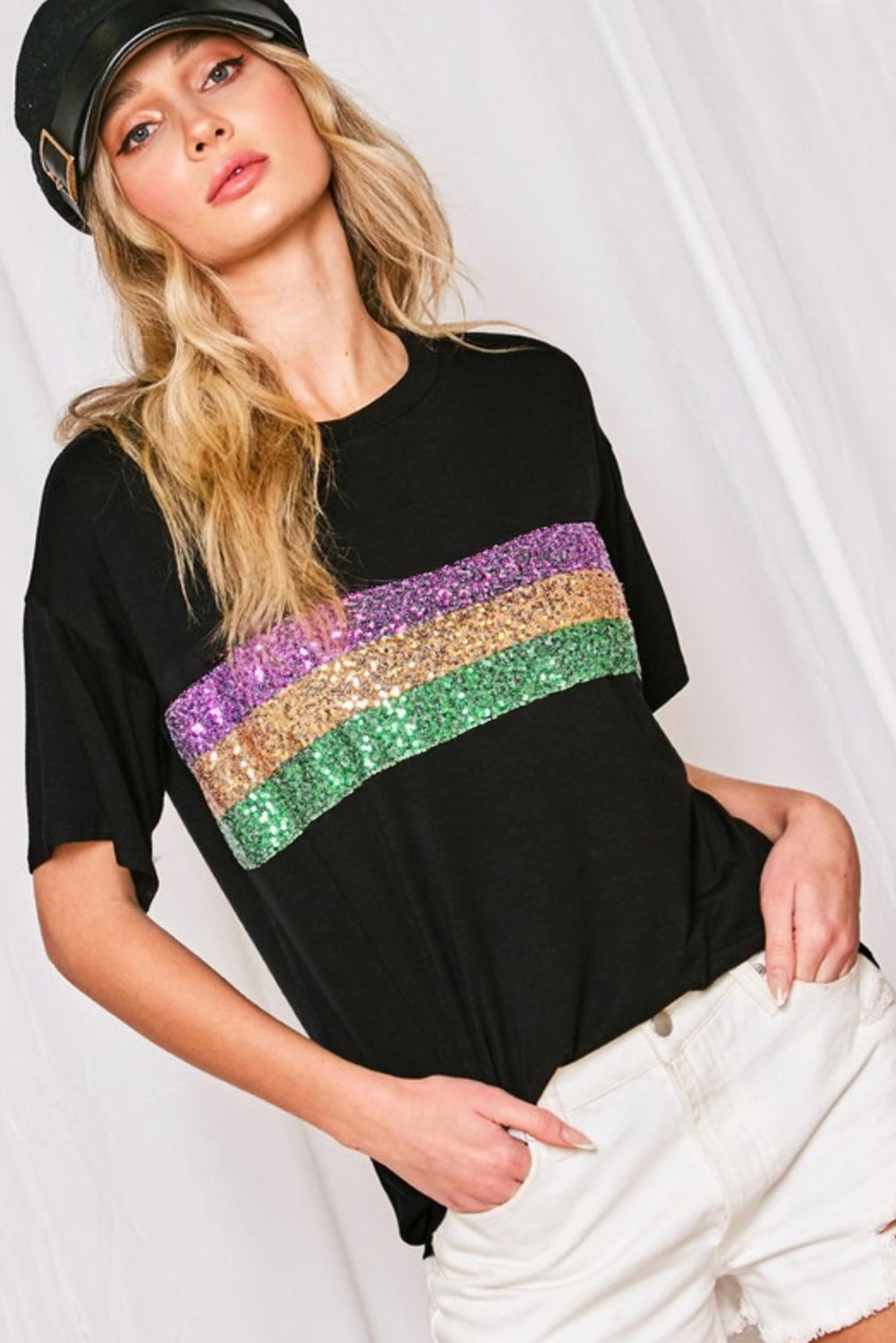 Black Sequin Stripes Patchwork Mardi Gras Crew Neck T-Shirt Festive Party Wear