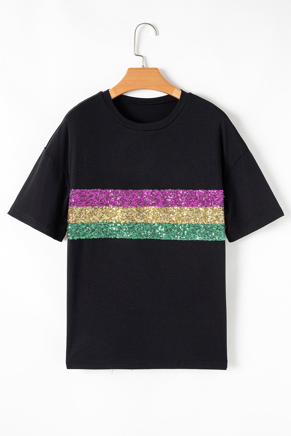 Black Sequin Stripes Patchwork Mardi Gras Crew Neck T-Shirt Festive Party Wear